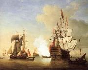 Monamy, Peter Stern view of the Royal William firing a salute oil painting on canvas